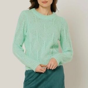 New Vero Moda Fuzzy Faux Mohair Cable Knit Sweater Mint Green XL